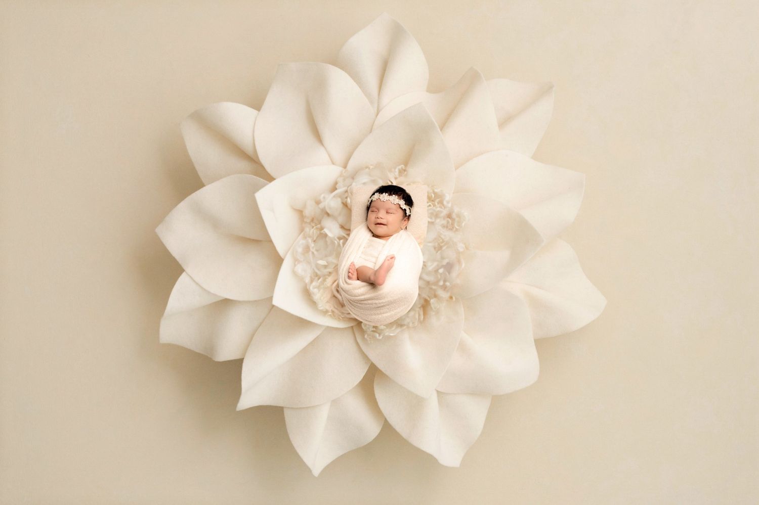 Newborn baby swaddled in white, sleeping peacefully inside a large decorative cream flower prop on a beige background.