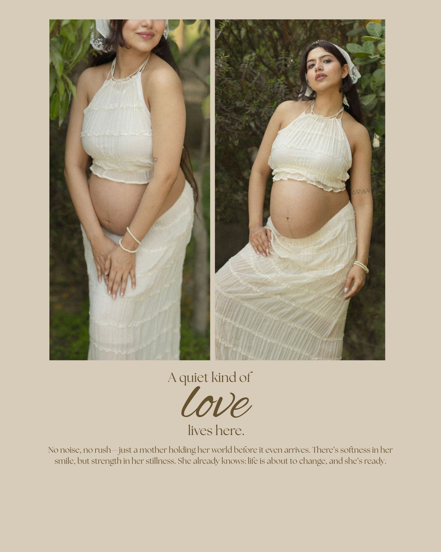 Pregnant woman in elegant white halter crop top and skirt poses outdoors for maternity photoshoot among green foliage.