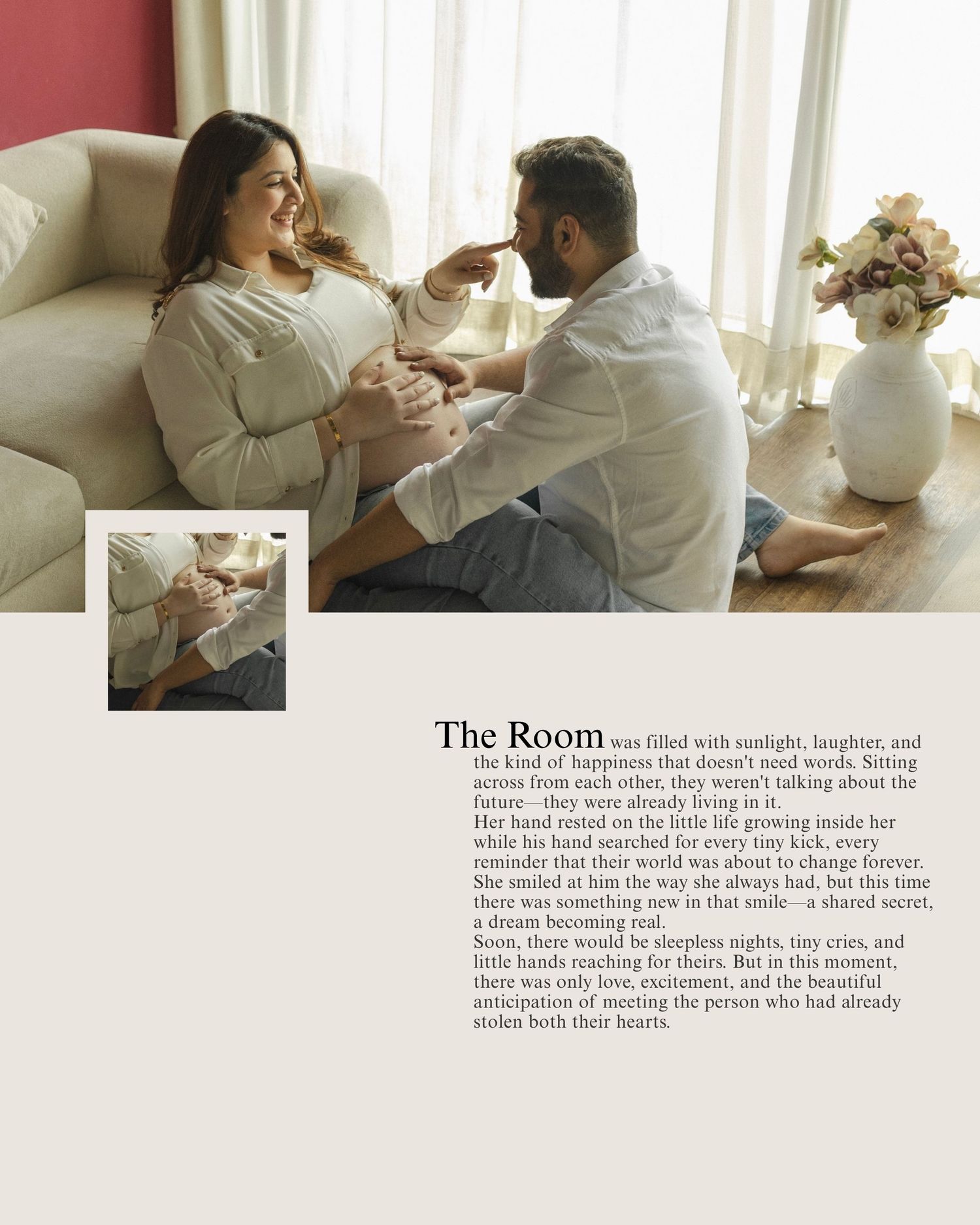 Pregnant couple sharing a tender moment on a couch, smiling and bonding over the baby bump in a sunlit room.