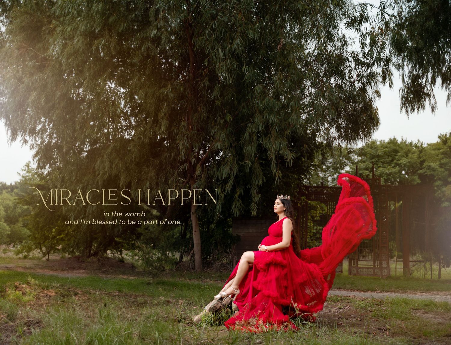 Flowing red maternity dress billowing dramatically in outdoor garden setting with text overlay.