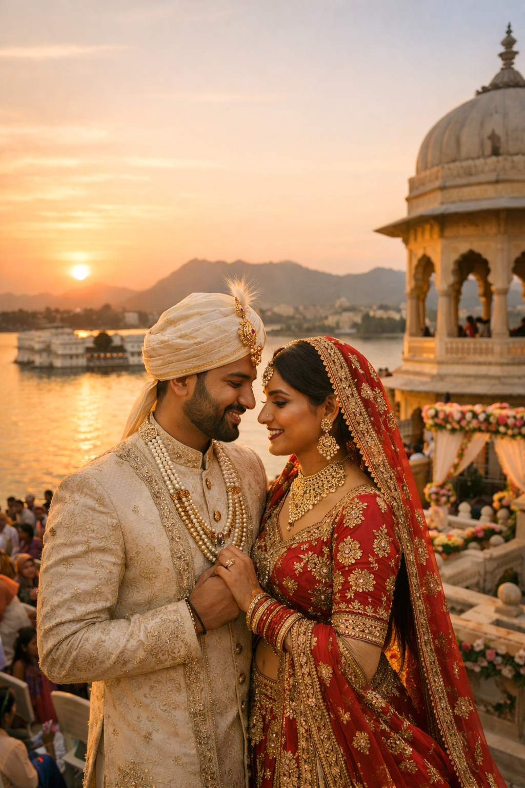 A couple in traditional Indian wedding attire embraces at sunset by Lake Pichola in Udaipur with domed architecture visible.