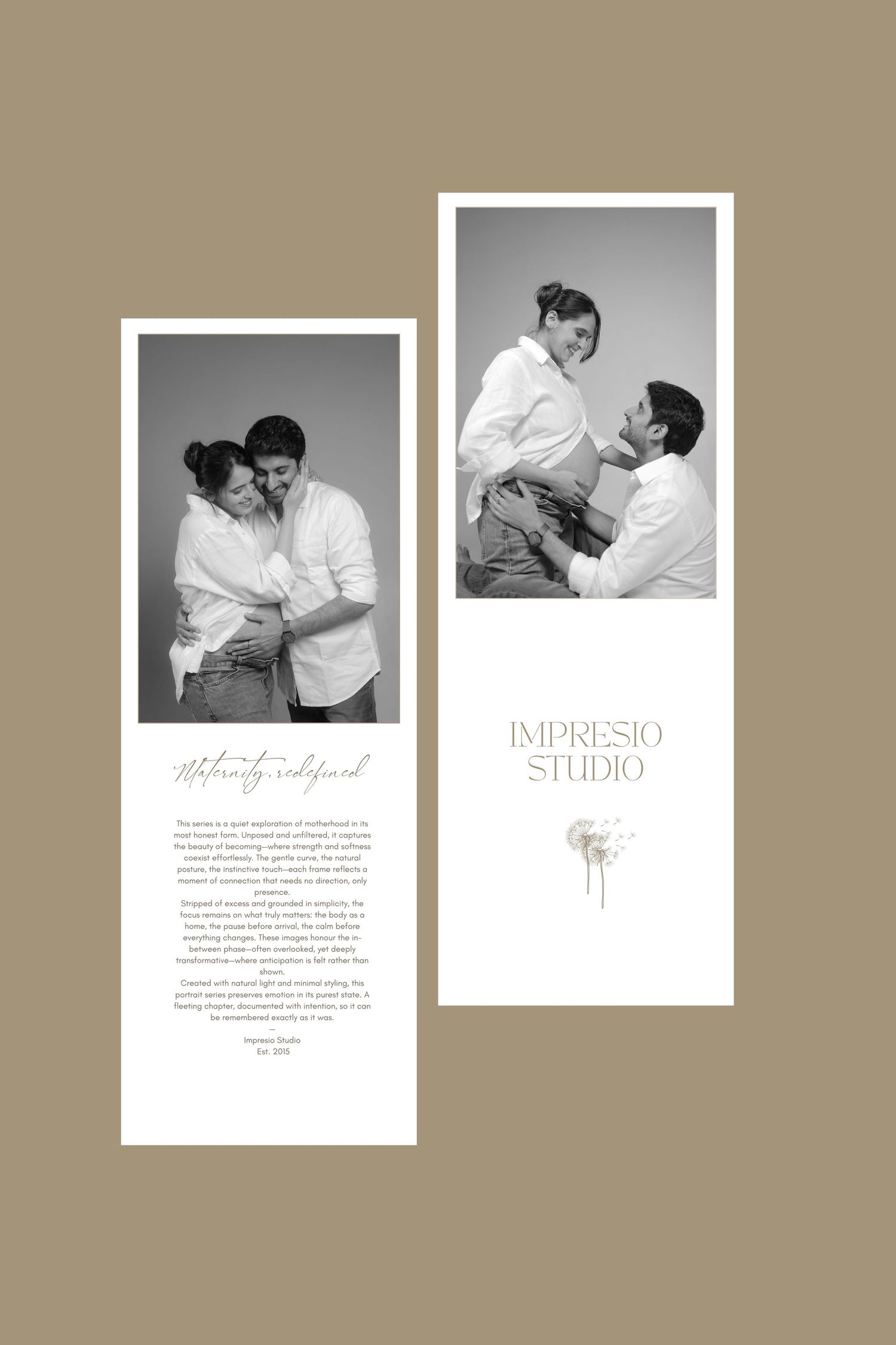 Minimalist wedding photography portfolio layout with elegant black and white images arranged on a neutral background.