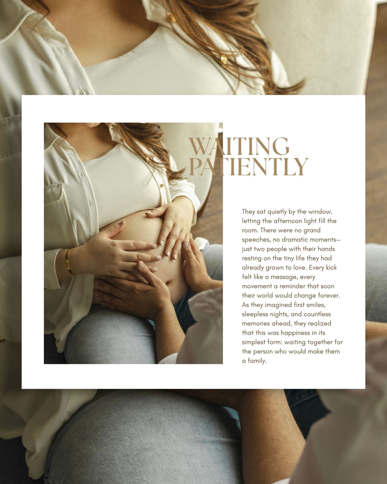 Pregnant couple sitting together, hands resting on baby bump, with text overlay reading Waiting Patiently.