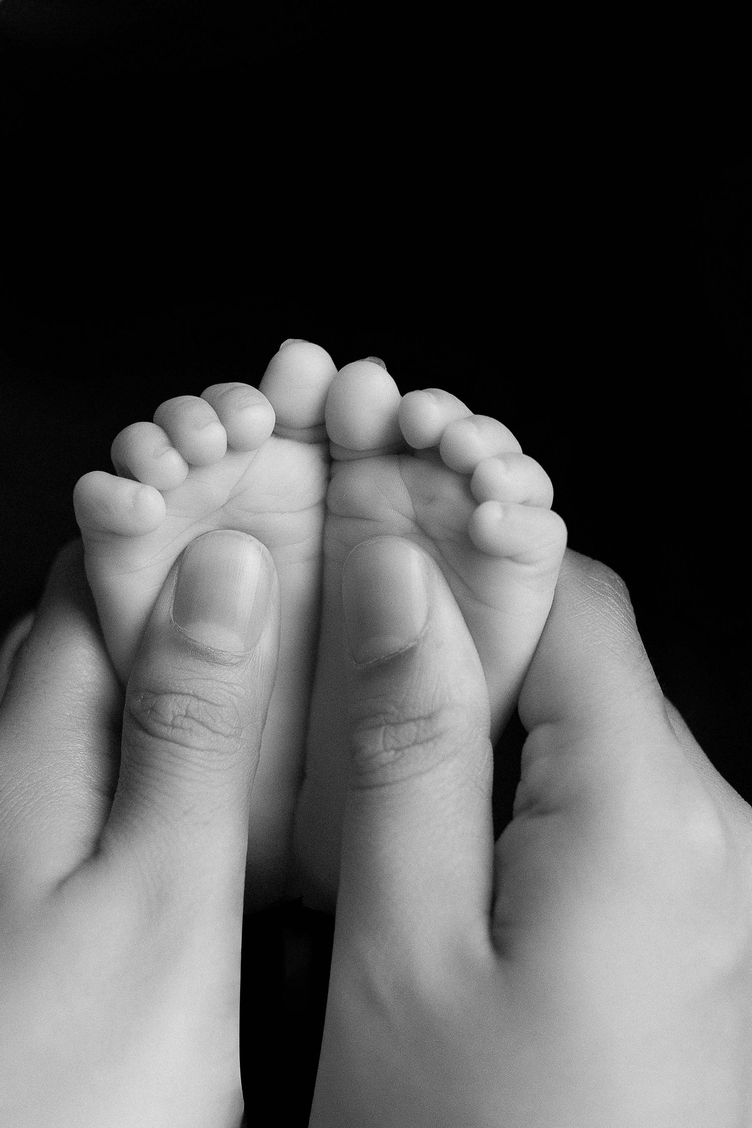 Black and white photo of adult hands gently holding tiny newborn baby feet against dark background.