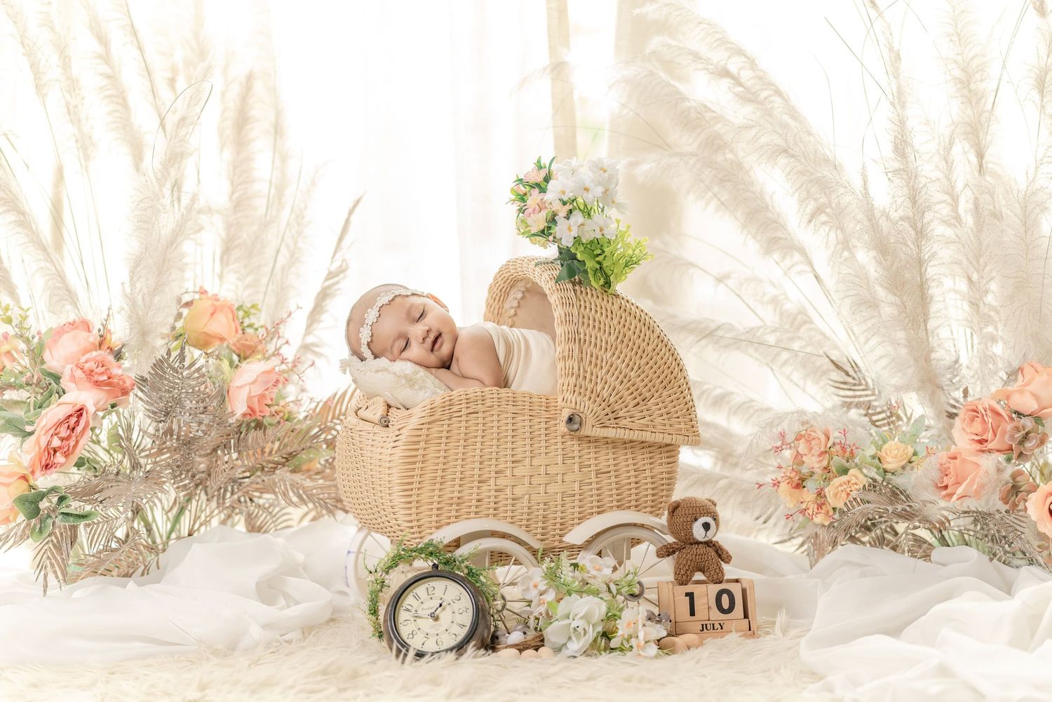 Themed new born baby photoshoot – floral basket concept by Impresio Studio