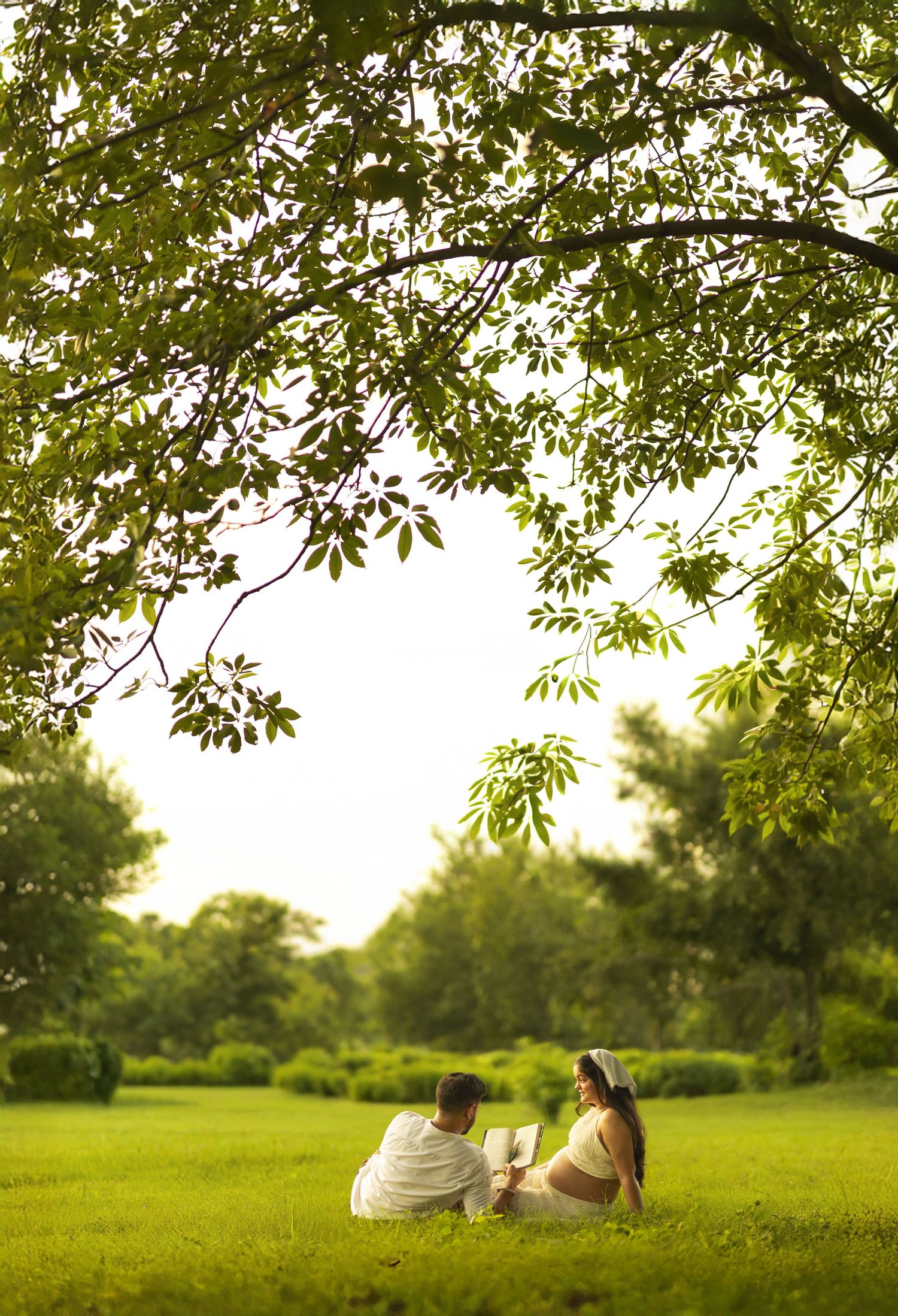 Couple sitting on lush green grass under a large tree in a serene park setting.