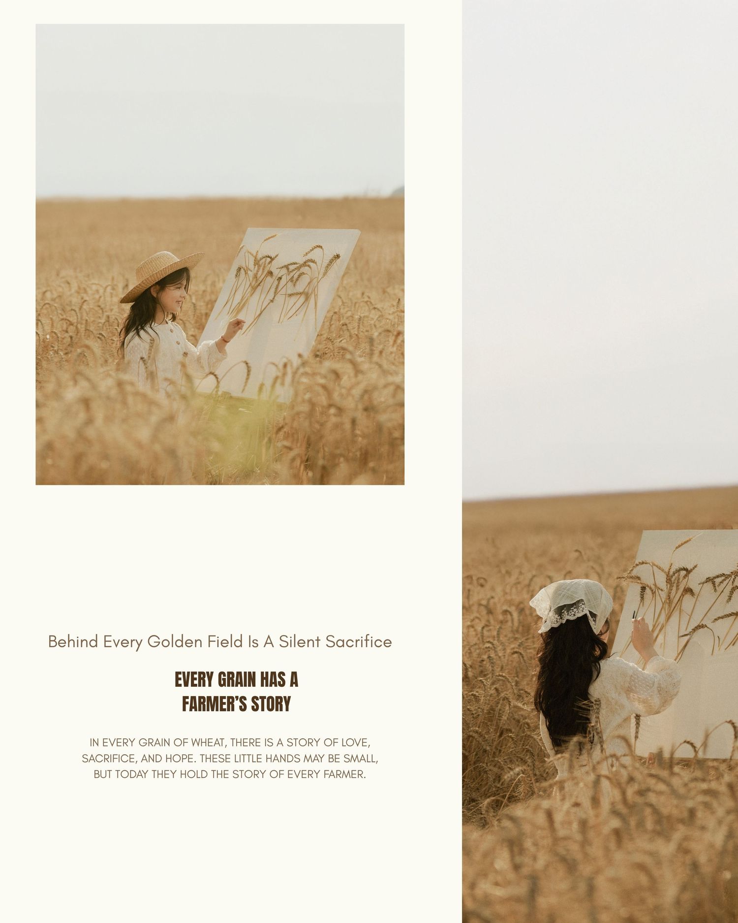 A woman in a straw hat painting on a canvas in a golden wheat field, capturing the beauty of harvest season.