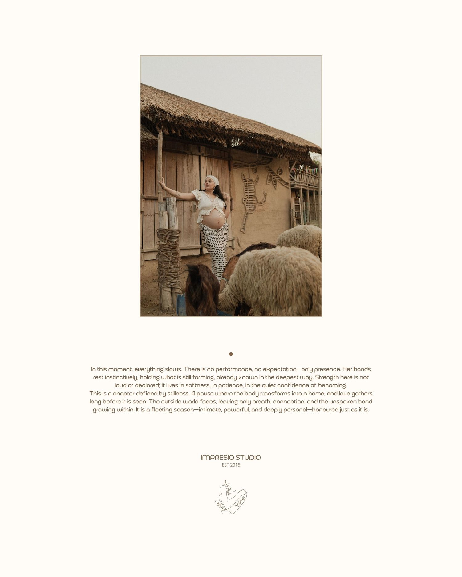 A performer balances on a wooden structure among goats in a rustic village setting with thatched roofs.