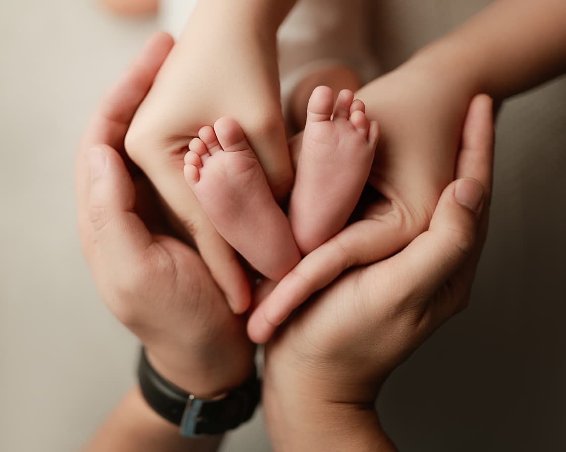 Two adult hands gently cradling tiny newborn baby feet, symbolizing love and new parenthood.