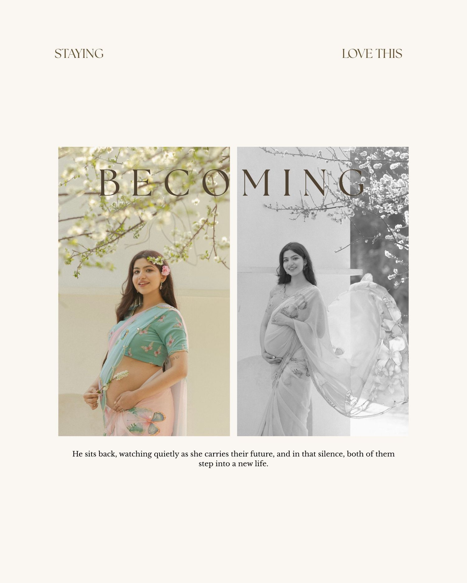 Pregnant woman in green saree poses gracefully outdoors with blossoms, maternity photography collage titled Becoming.