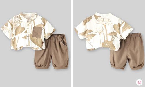Two-piece baby set featuring beige camo print shirt and matching khaki shorts.