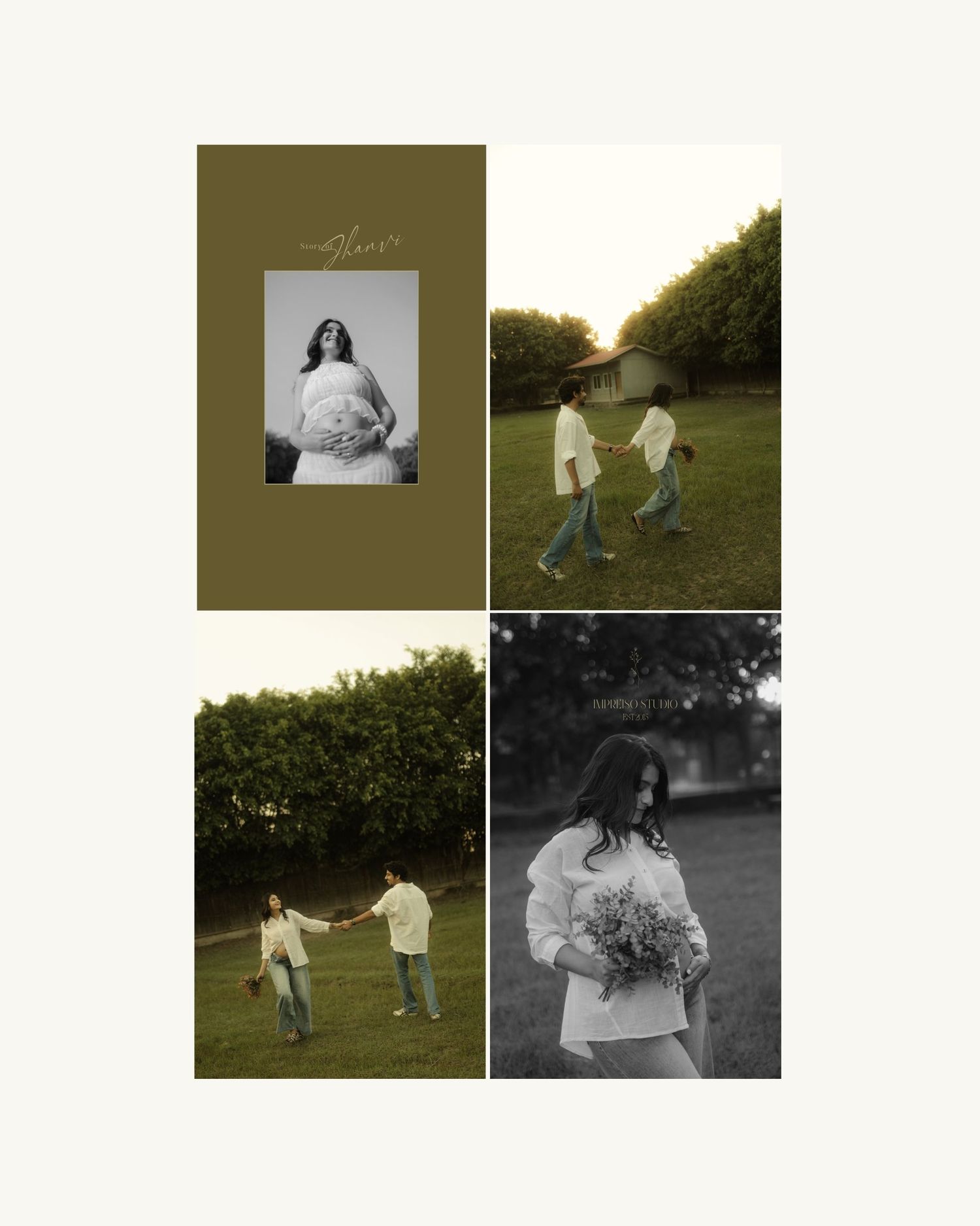 A maternity photo collage featuring a pregnant woman and her partner in outdoor settings in black and white.