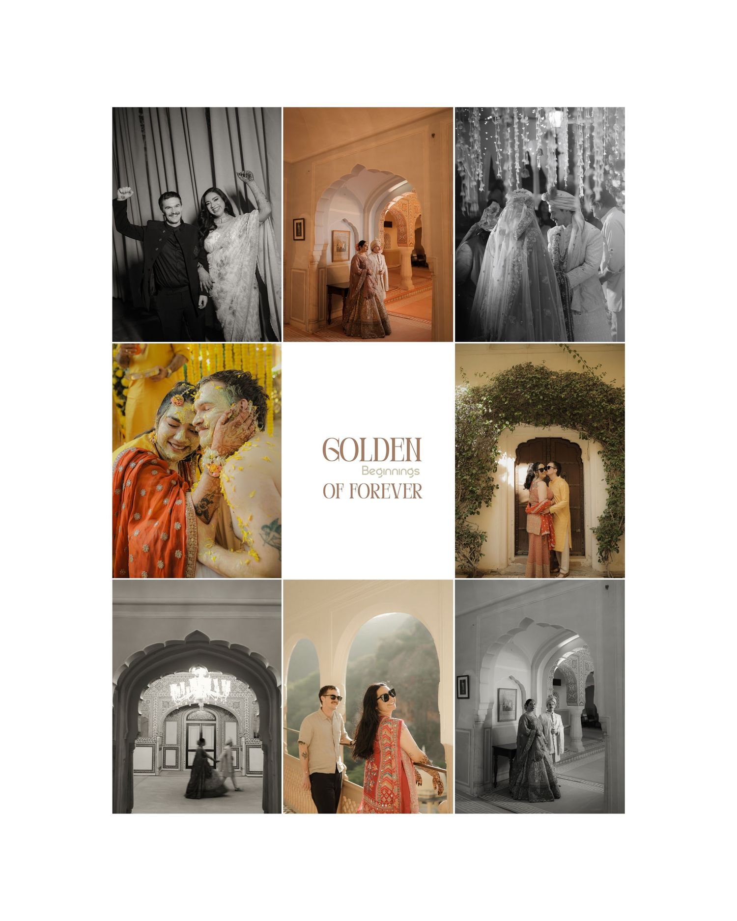A collage of vintage wedding photographs arranged in a grid pattern showing various moments from ceremonies and portraits.