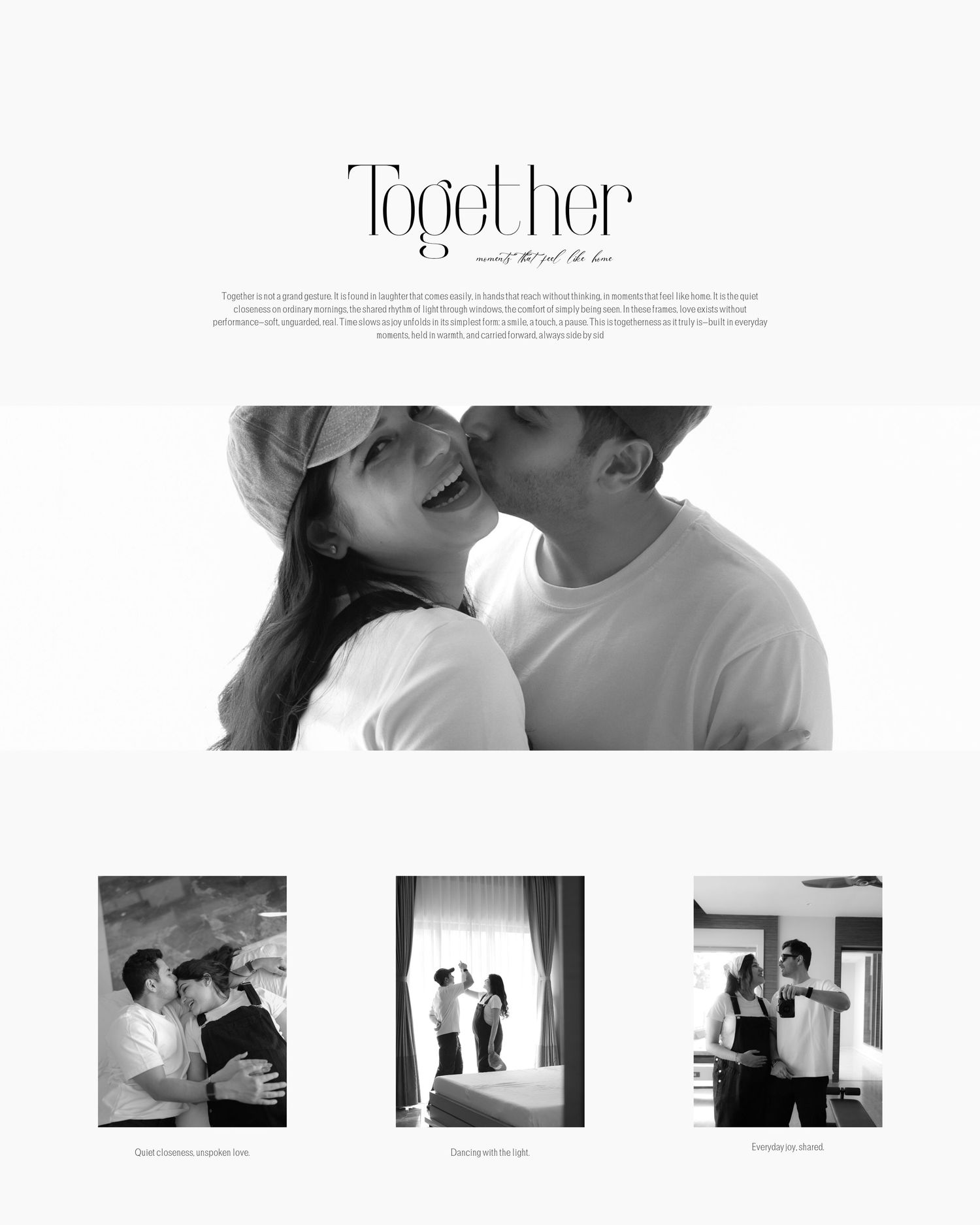 A collection of black and white intimate couple photos arranged in a horizontal grid layout.