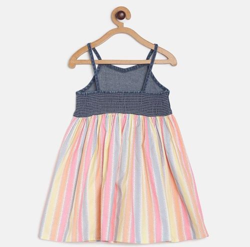 Gray and pastel striped baby dress with gathered waist design shown on hangers.