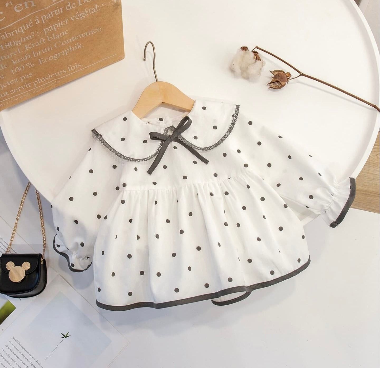 White peter pan collar with black polka dots shown from different angles on a light background.