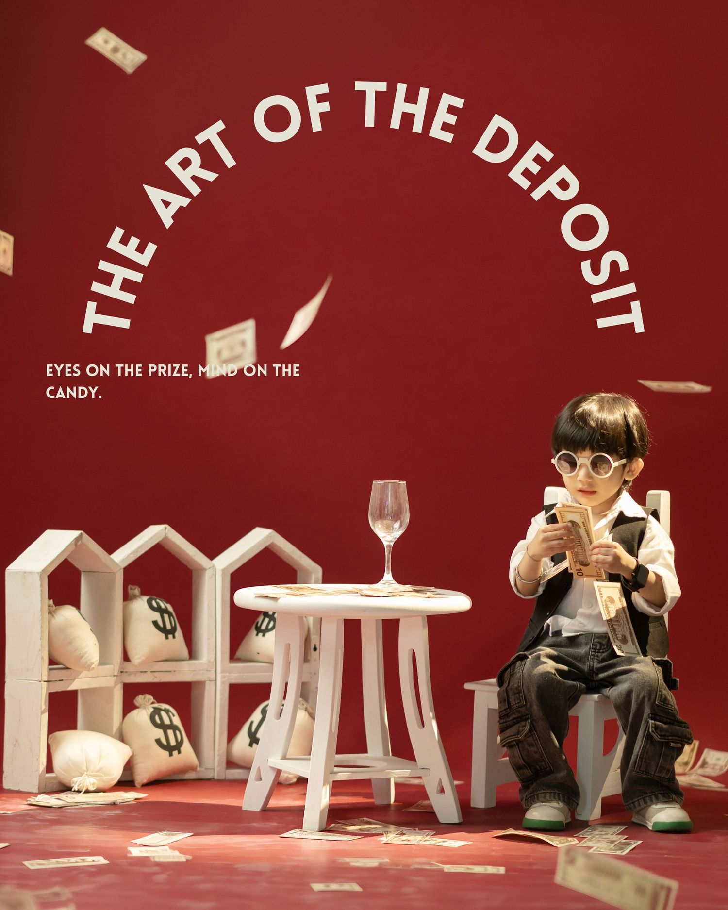 Child dressed as a wealthy businessman surrounded by money bags and cash in a red-themed art installation.
