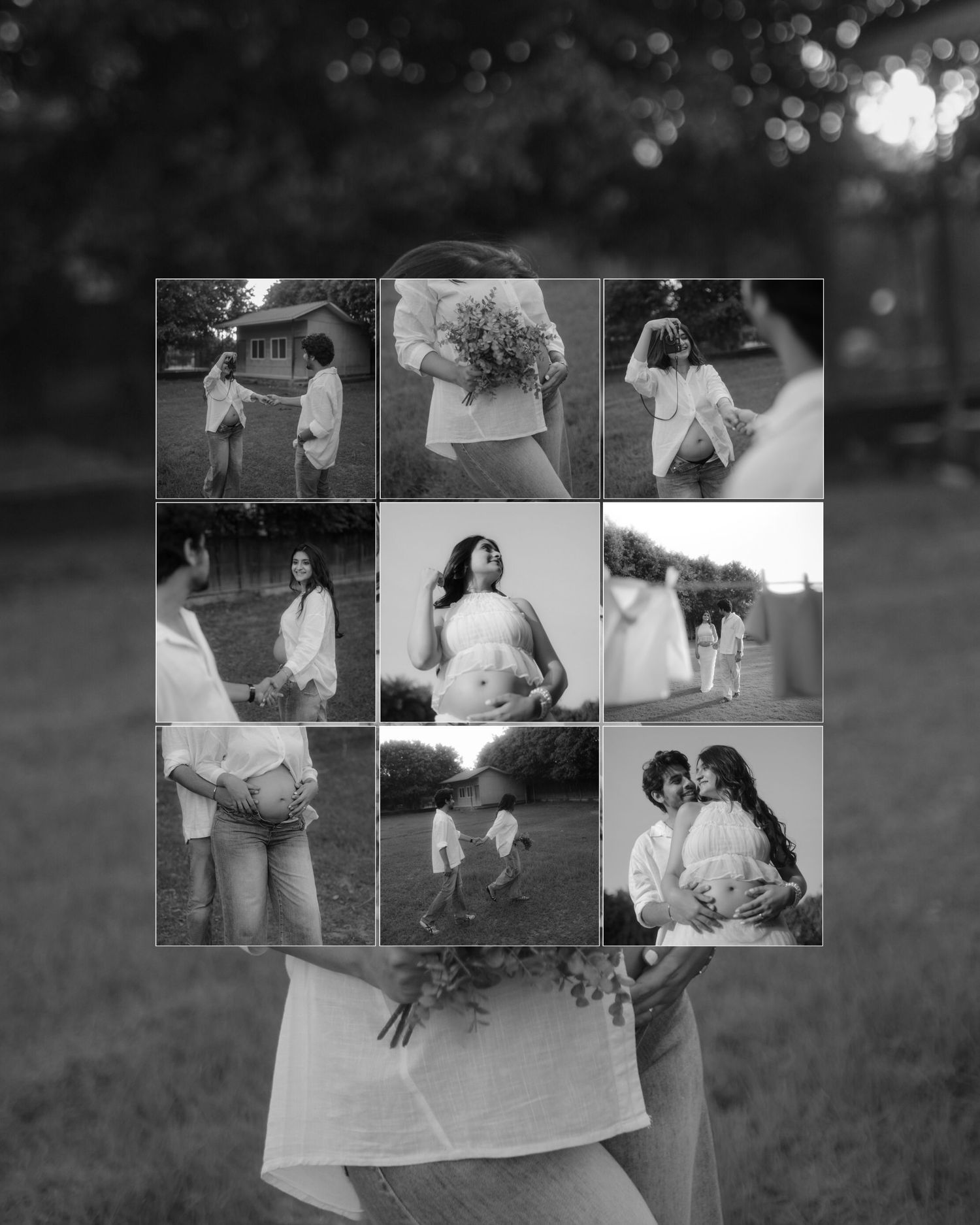 Black and white maternity photo collage showing pregnant woman and partner in outdoor garden setting.