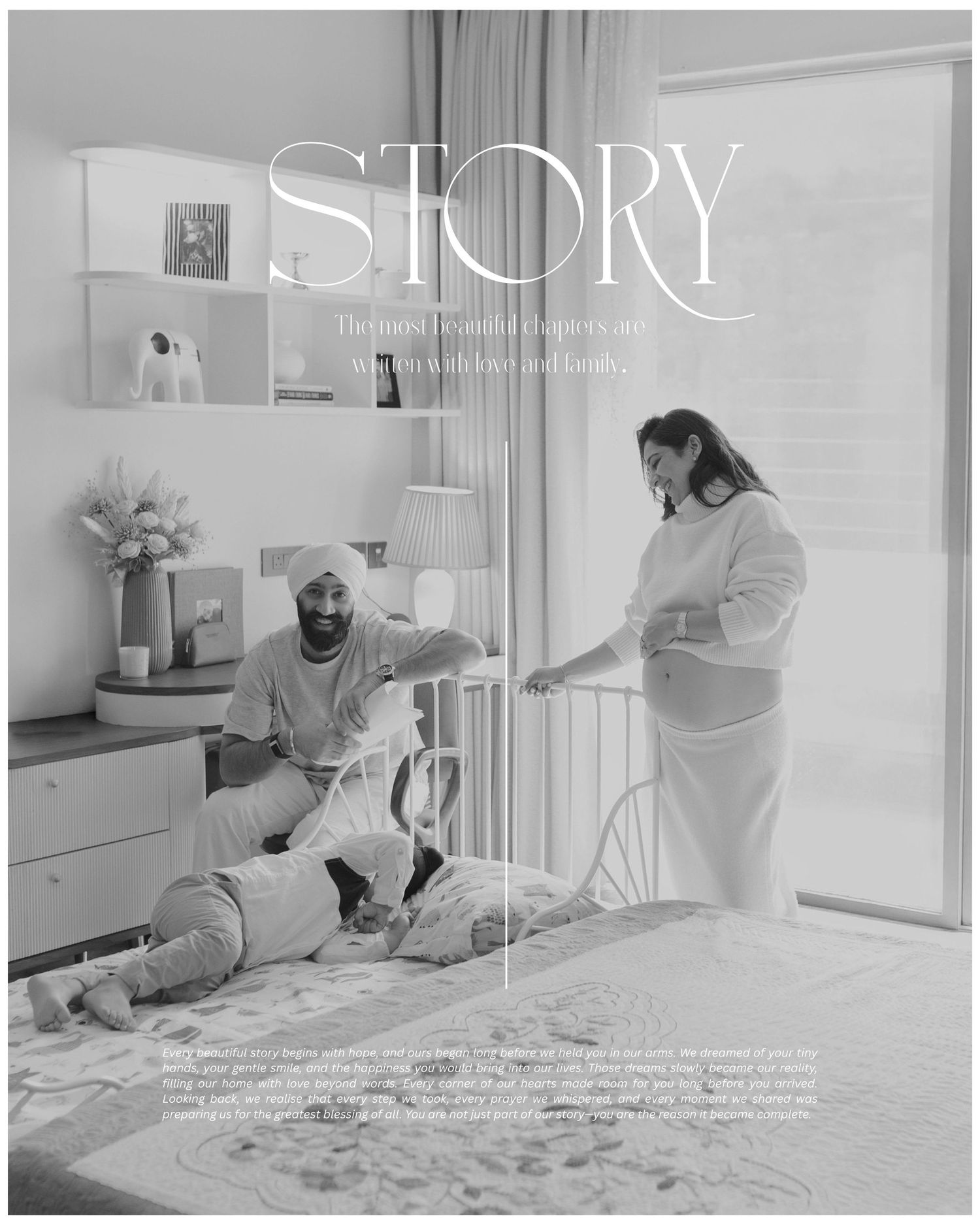 A couple relaxes in a nursery, man sitting on floor with dog while pregnant woman stands by window in soft light.