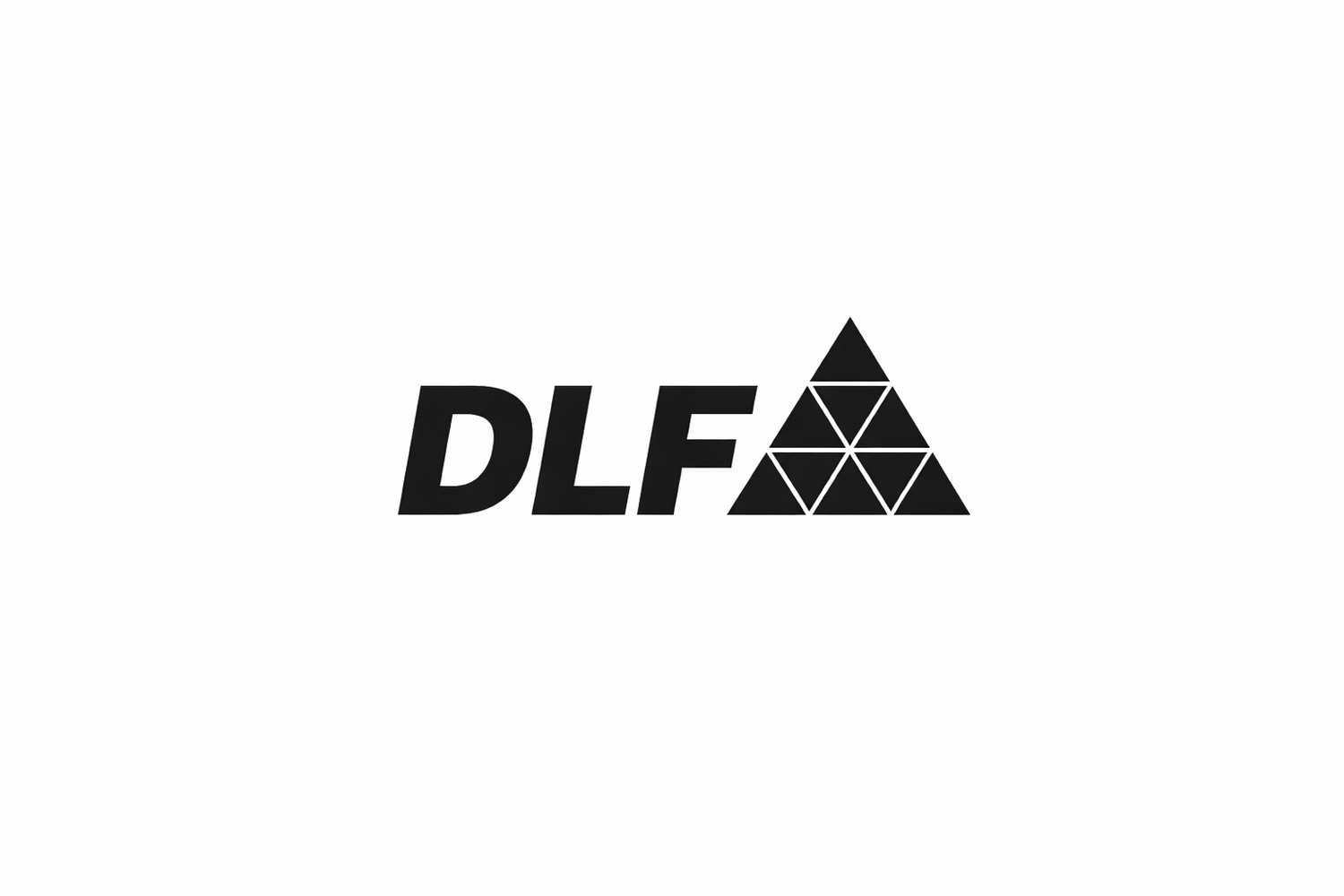 A black and white DLF logo design featuring a geometric pattern of triangles forming a stylized double pyramid shape.
