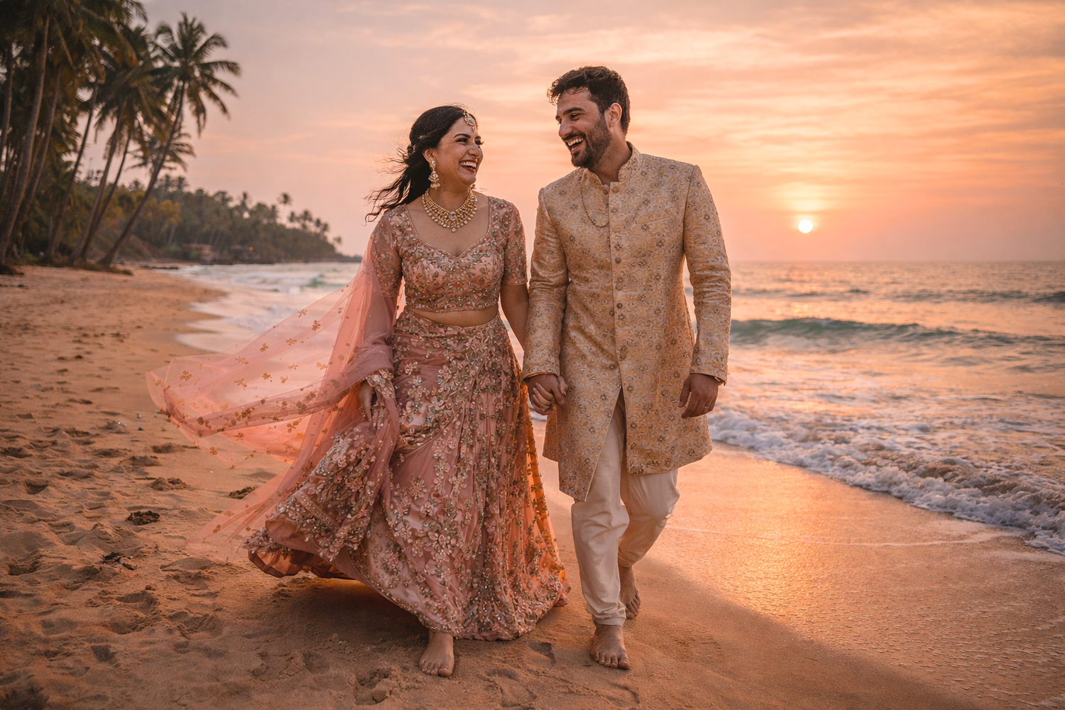 A couple walks along a tropical beach at sunset wearing traditional Indian wedding attire as waves crash nearby.