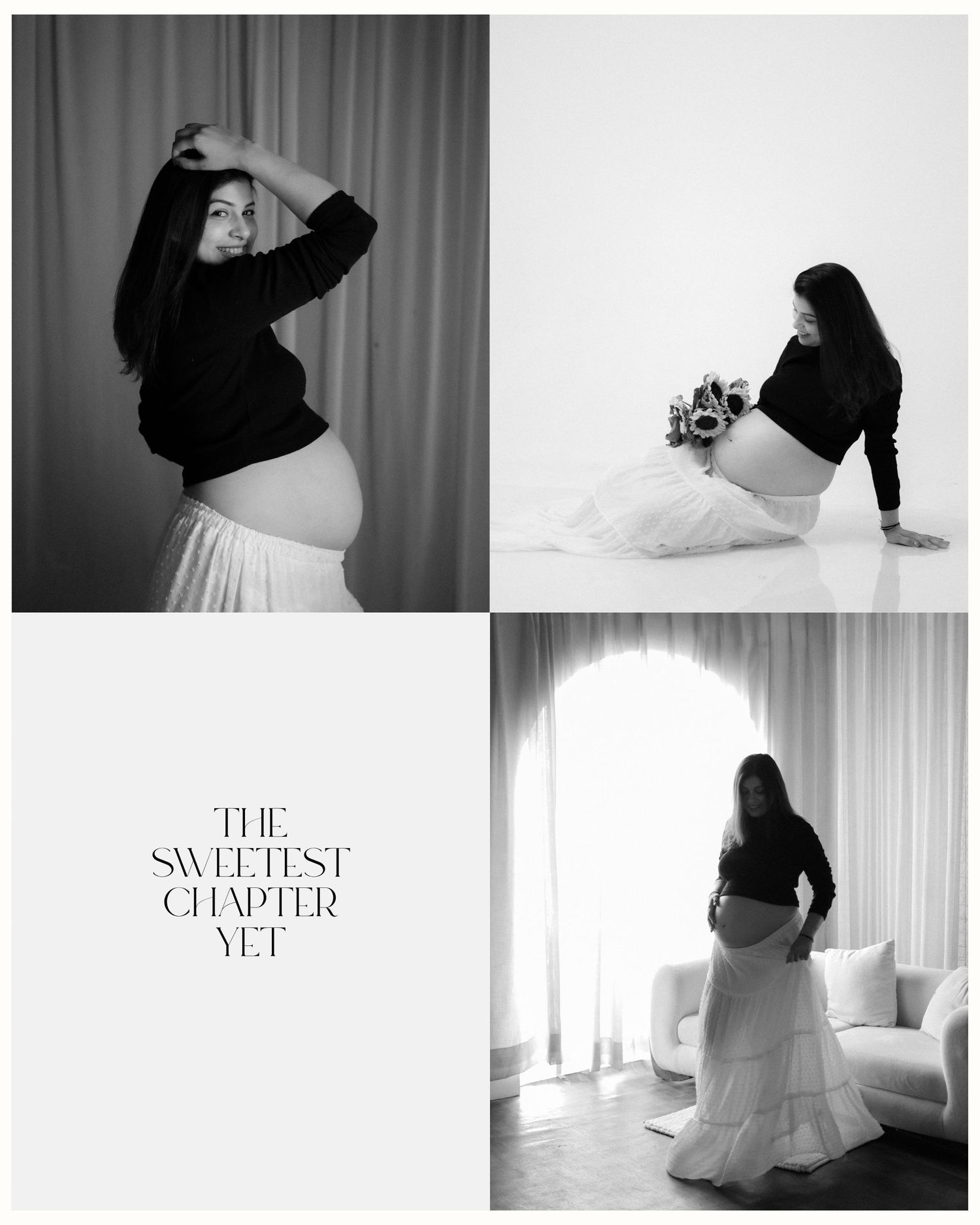 Black and white maternity photo collage of pregnant woman in white skirt posing elegantly with text The Sweetest Chapter Yet.