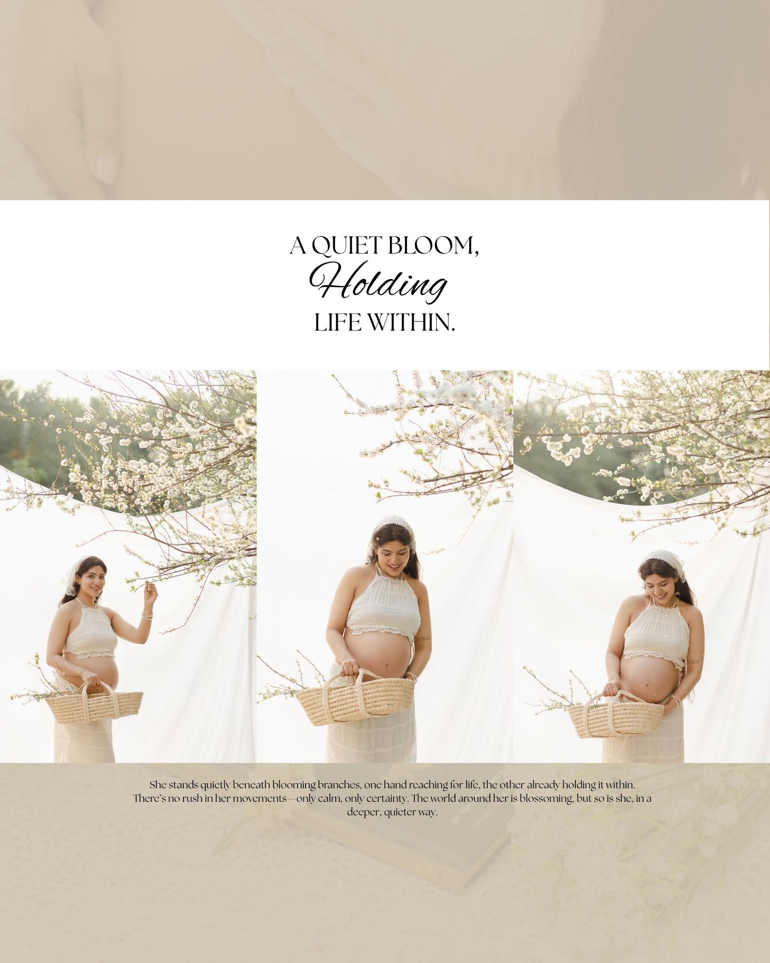 Elegant maternity photo collage of a pregnant woman in beige holding a basket near blooming branches outdoors.