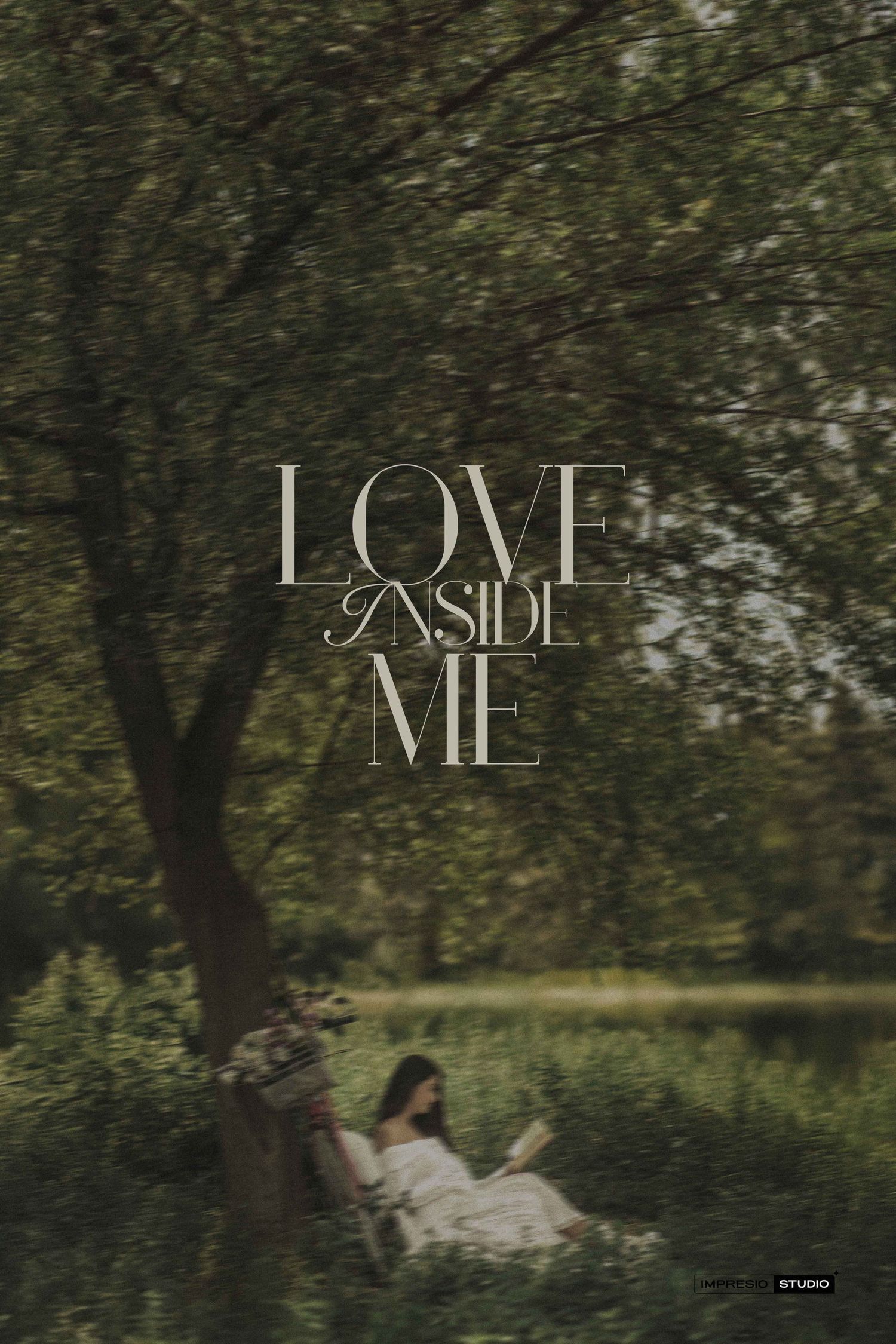 Woman in white dress reading under lush green trees by a pond, with text Love Inside Me overlay.