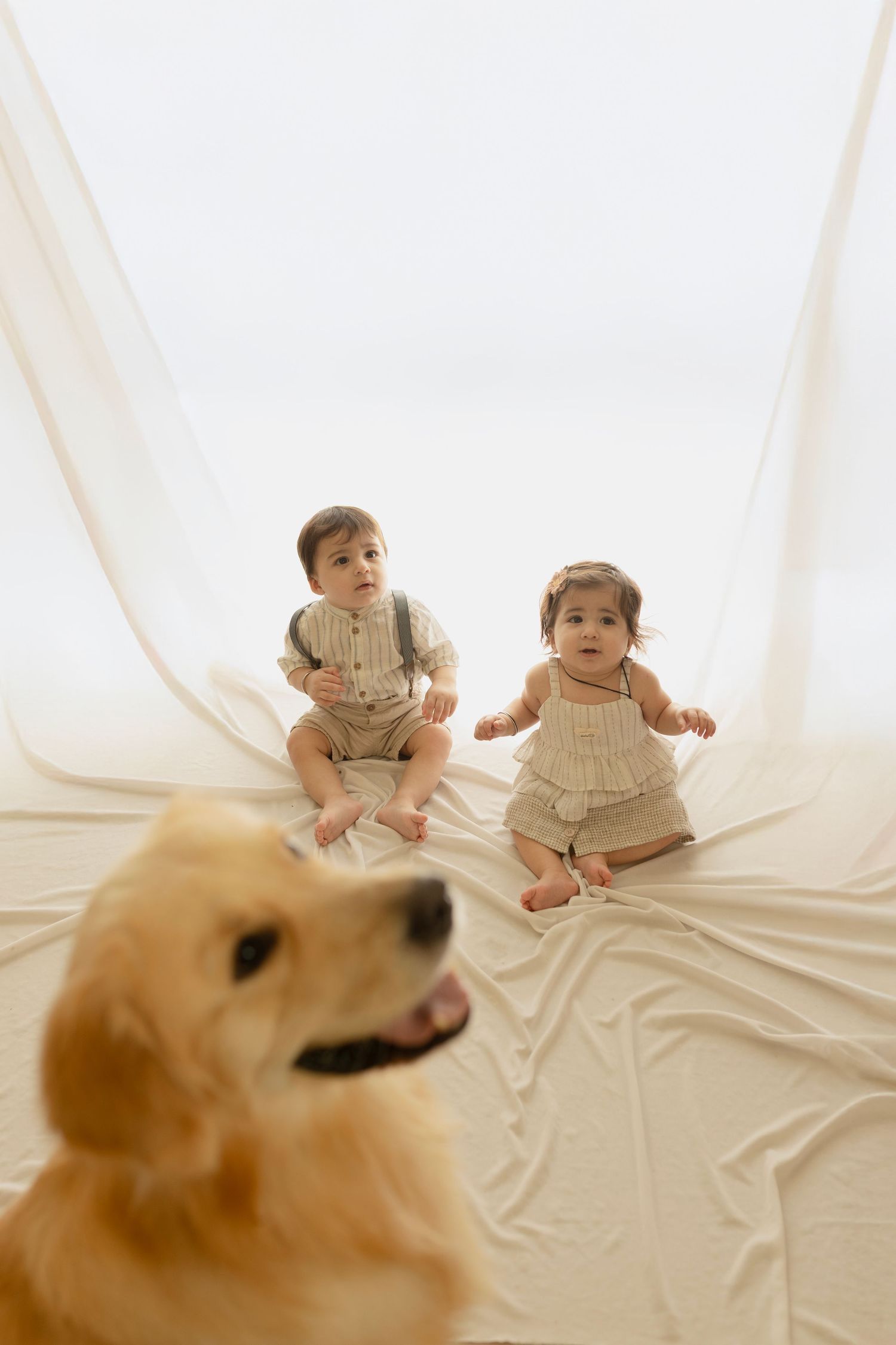 Two small children in white clothing sit together on a draped backdrop as a golden retriever appears in frame.