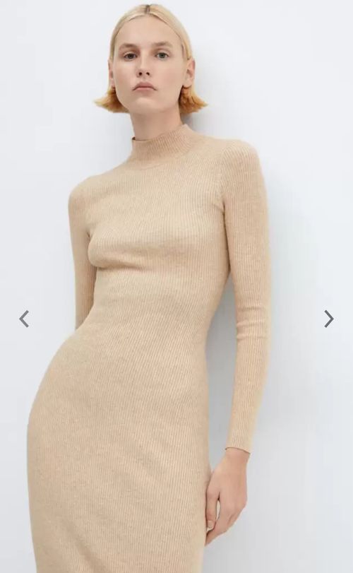 Fitted camel-colored knit dress displayed in multiple angles against white backdrop.