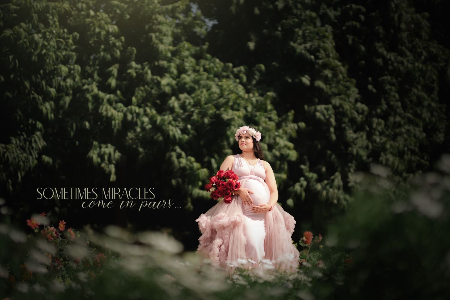 A series of photos showing an elegant maternity photoshoot captured in a lush outdoor garden setting with soft pink dresses.