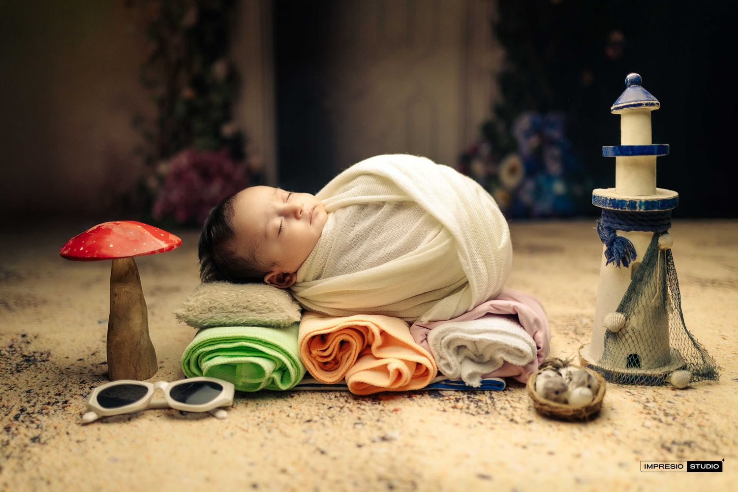 Newborn baby swaddled in white wrap sleeping peacefully among colorful props including a mushroom and lighthouse.