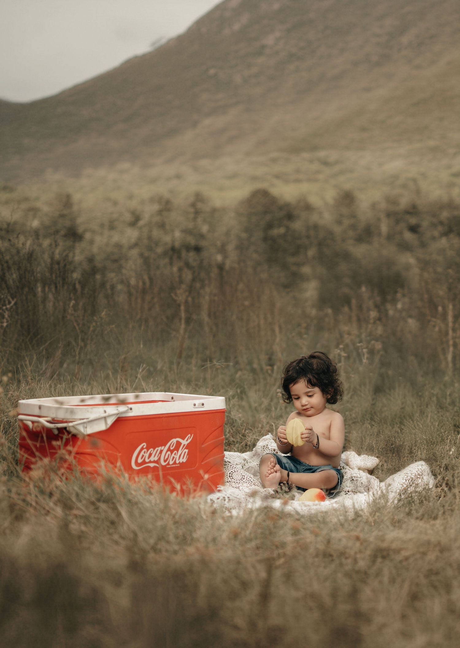 Toddler sitting on a blanket in a field next to a red Coca-Cola cooler, holding fruit with hills in background.
