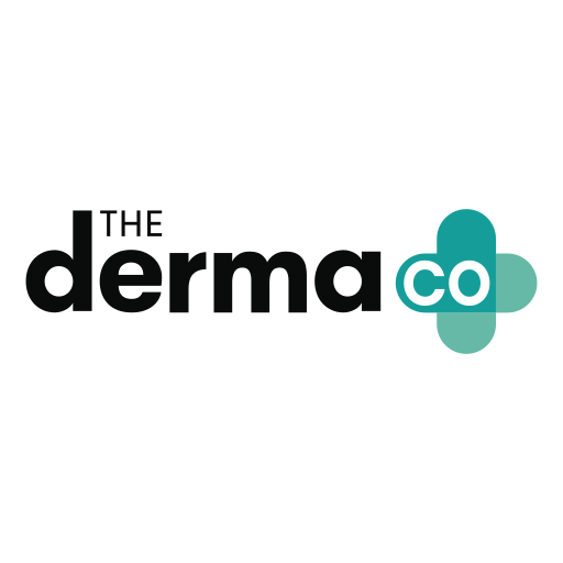 Two variations of the DermaCo logo design, one with 'THE' above and one with a teal circular element.