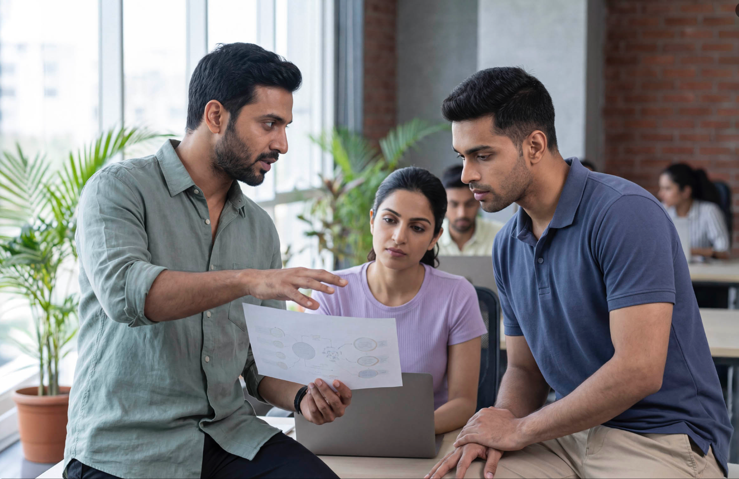 Two coworkers review documents and work together on a laptop in a modern office setting.