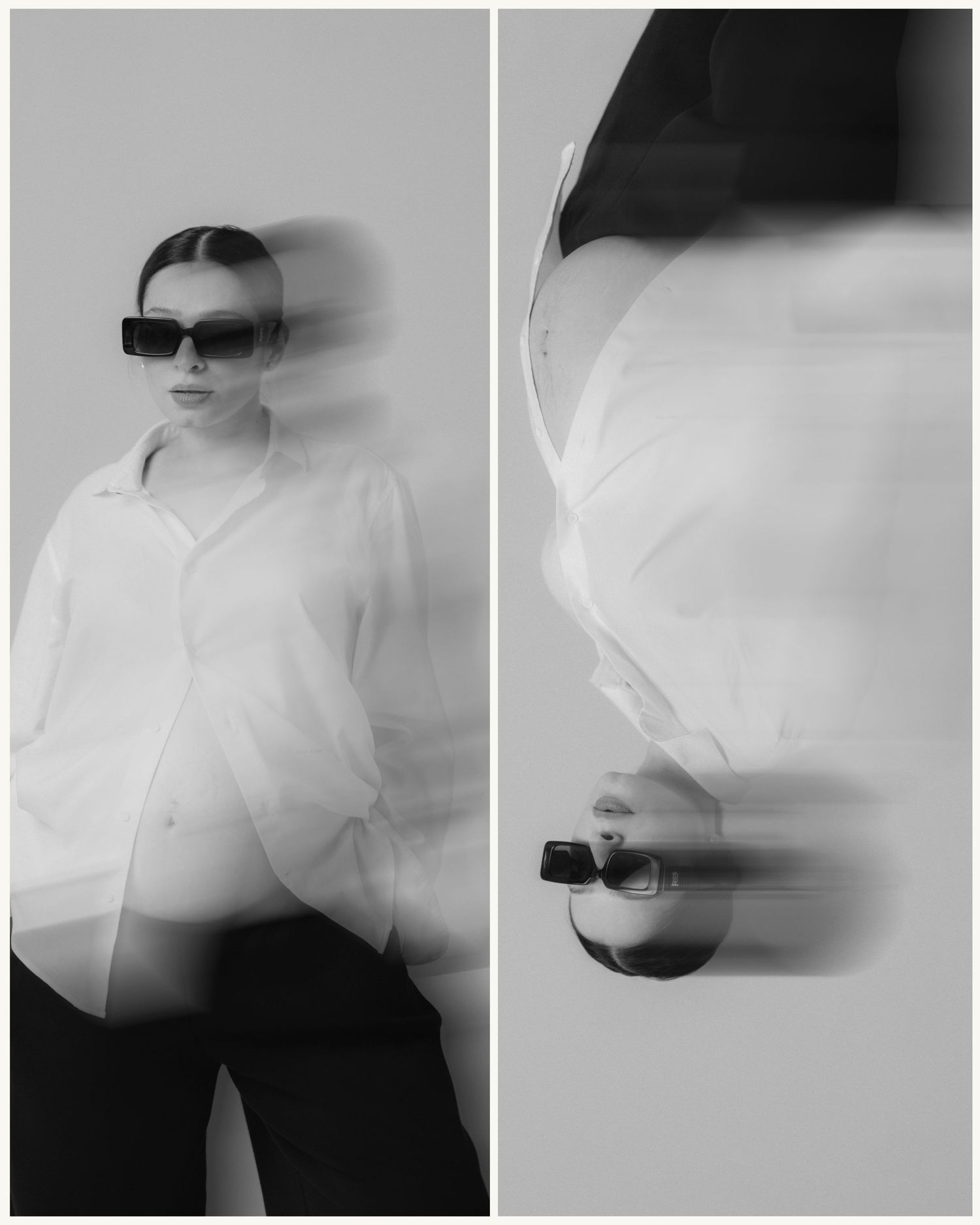 Black and white motion blur photo of a woman in white shirt and sunglasses, split into two artistic panels.