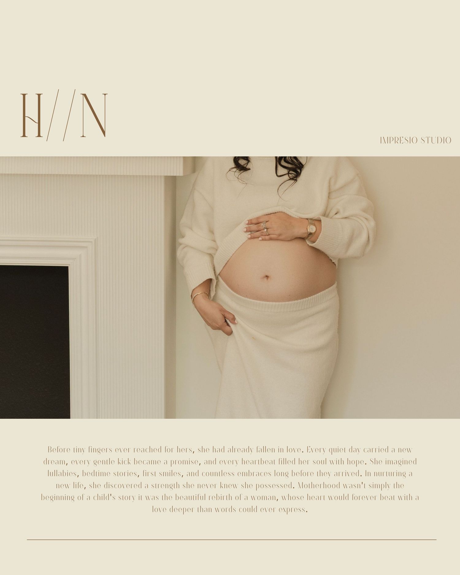 Pregnant woman in white dress cradling bare baby bump, maternity photography studio portrait with elegant neutral tones.
