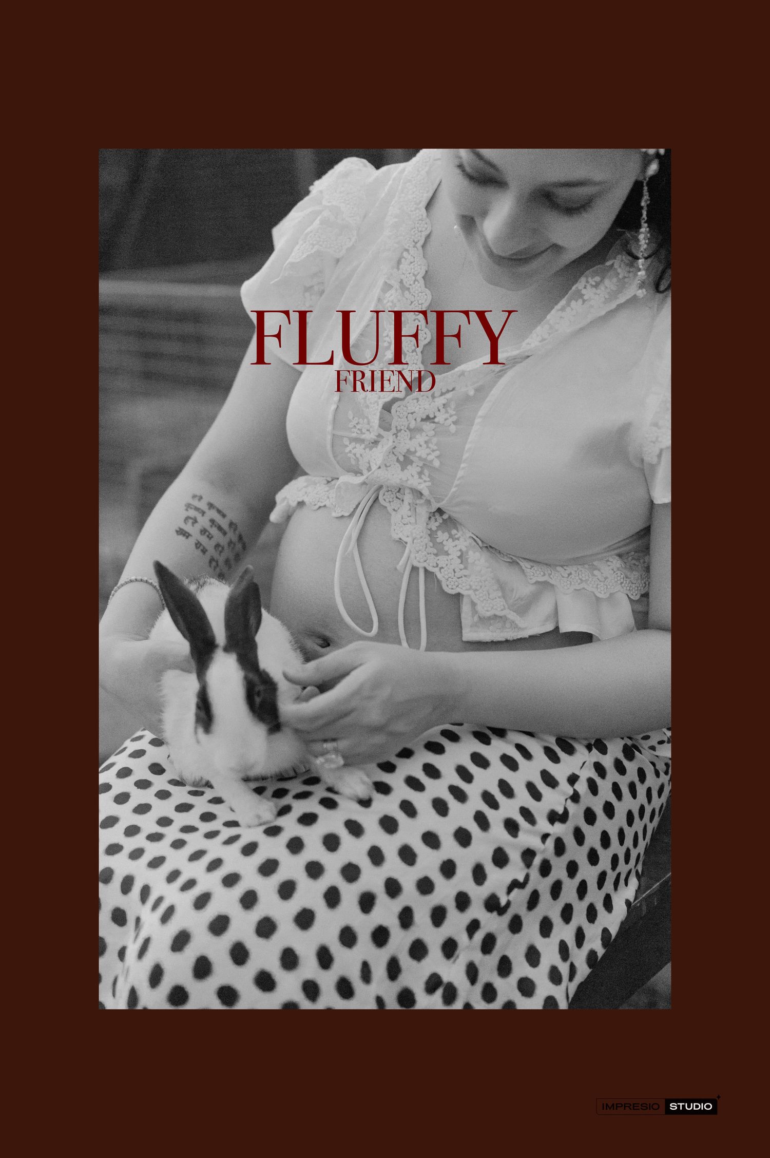Black and white photo of a woman in lace top and polka dot skirt holding a small rabbit, with text Fluffy Friend.