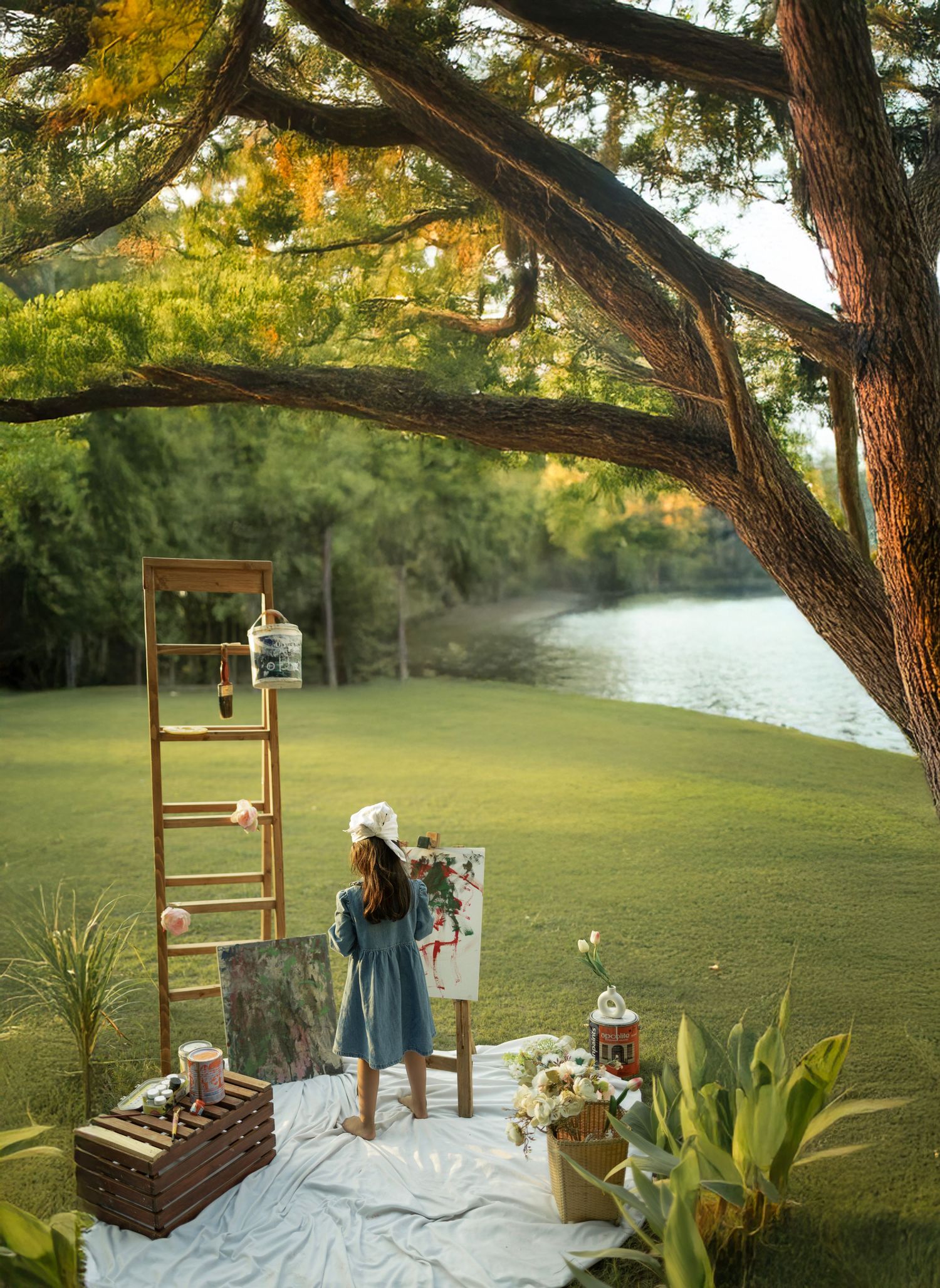 Girl in blue dress painting on canvas outdoors by a serene lake, surrounded by lush greenery and a wooden ladder.