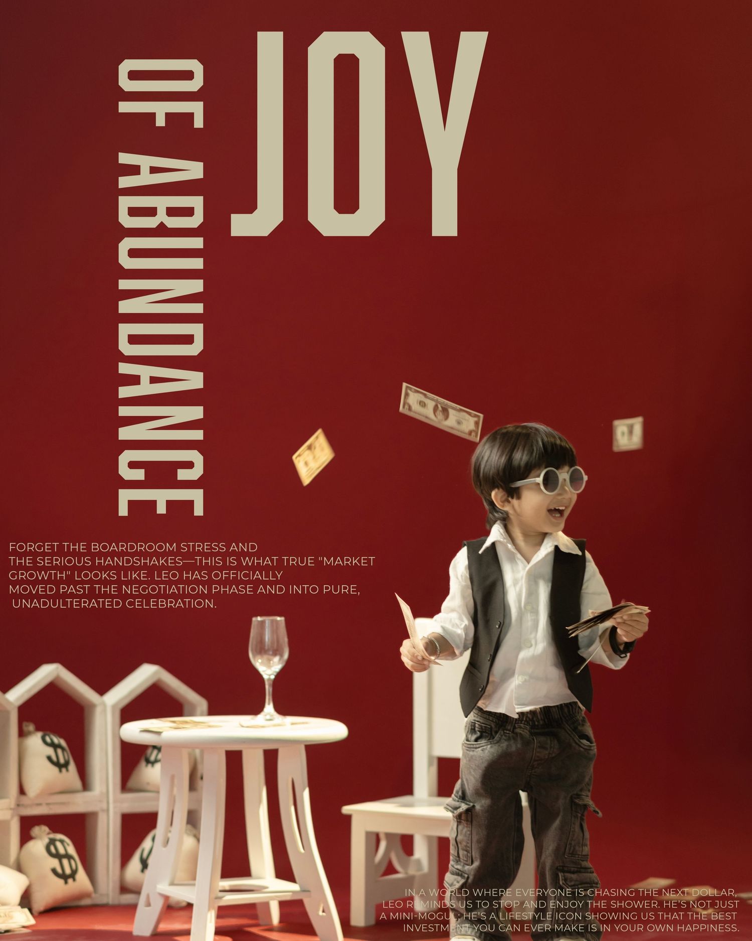 A toy figurine boy in a suit tosses money in the air surrounded by dollar bags and a wine glass on a red background.