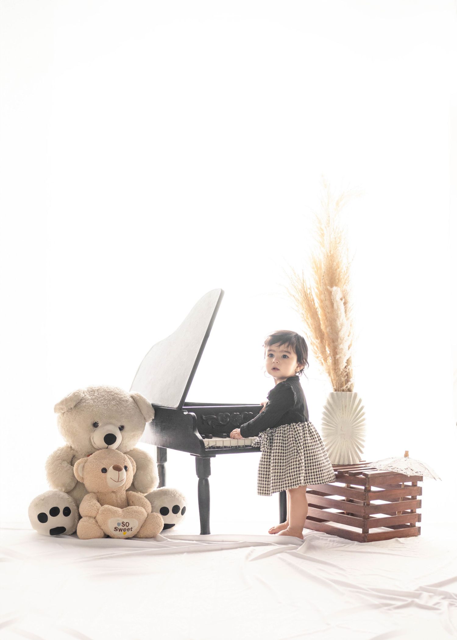 Toddler girl in plaid dress playing toy grand piano beside large teddy bears and dried pampas grass decor.