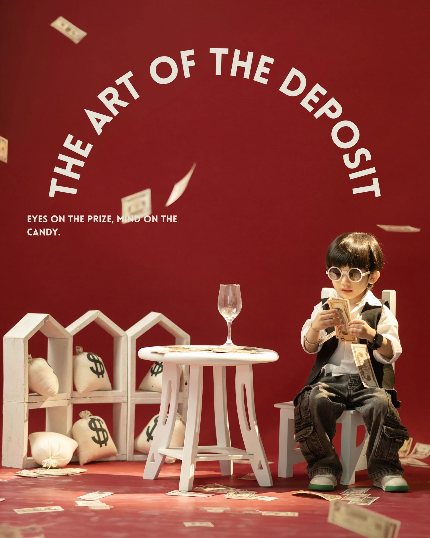 Child in glasses sits among money bags and falling bills under 'The Art of the Deposit' sign on red background.
