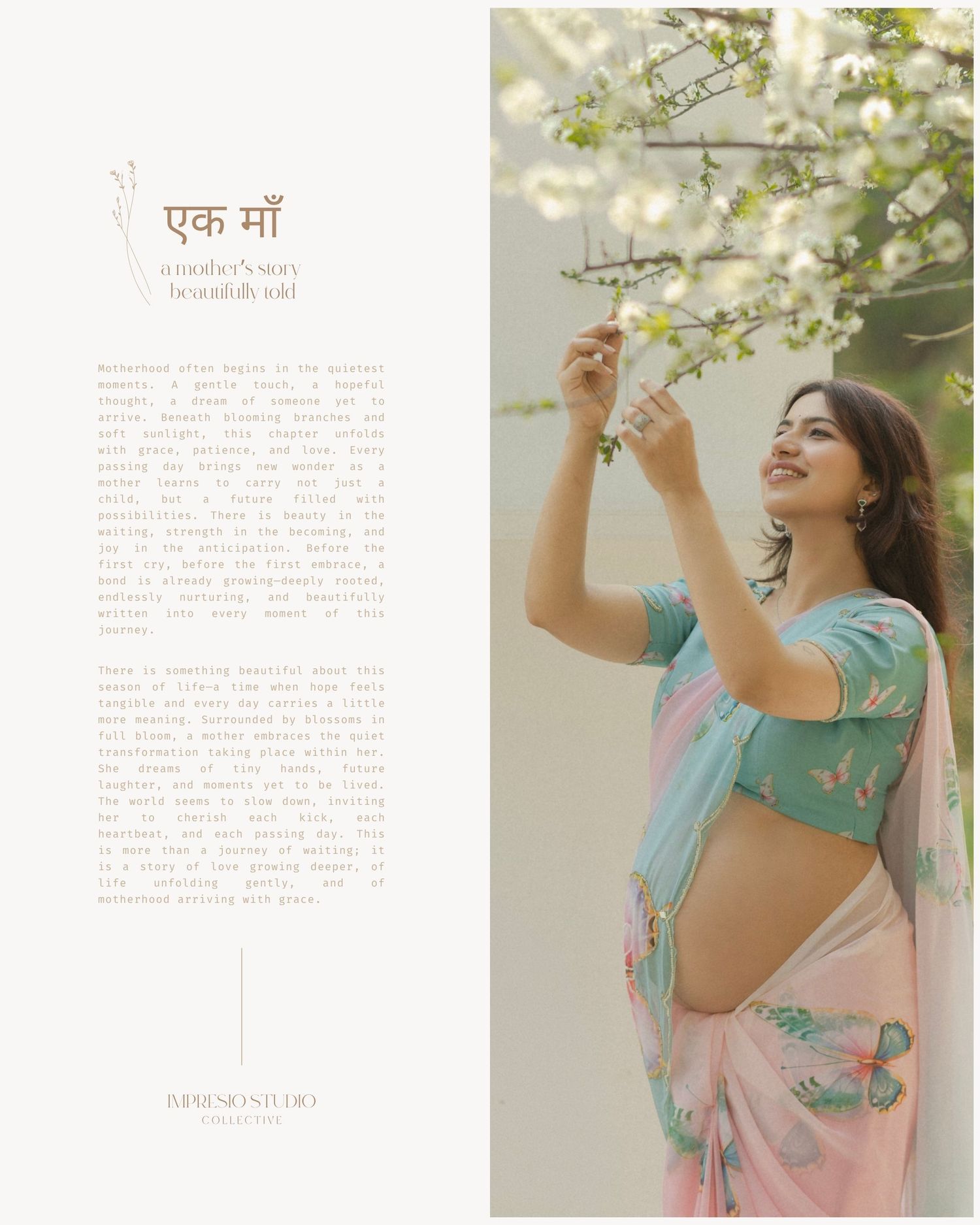 Pregnant woman in pink saree reaching for white blossoms in a maternity photoshoot titled Ek Maa.