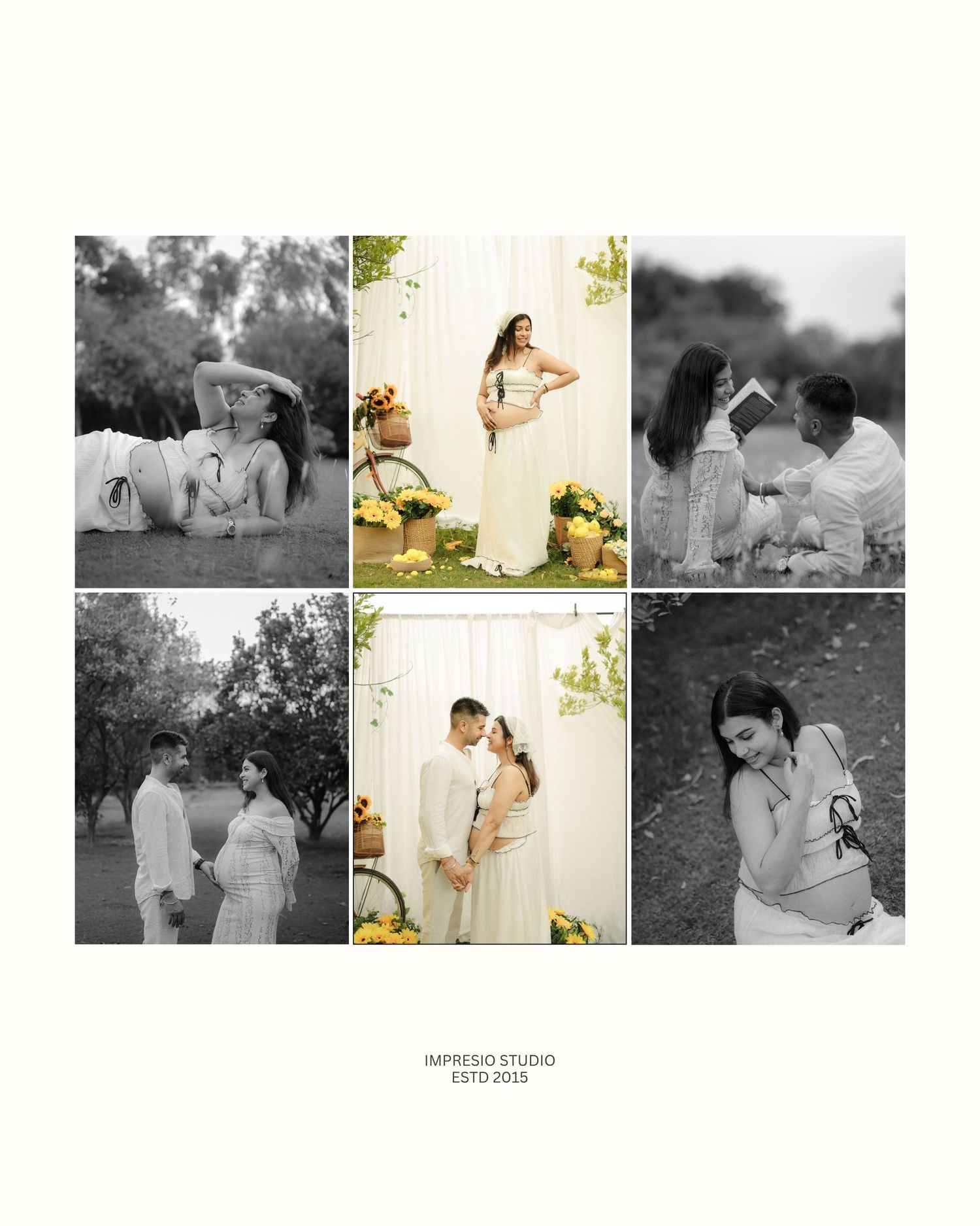 A maternity photo collage by Impresio Studio featuring elegant black-and-white and color shots of a pregnant couple outdoors.