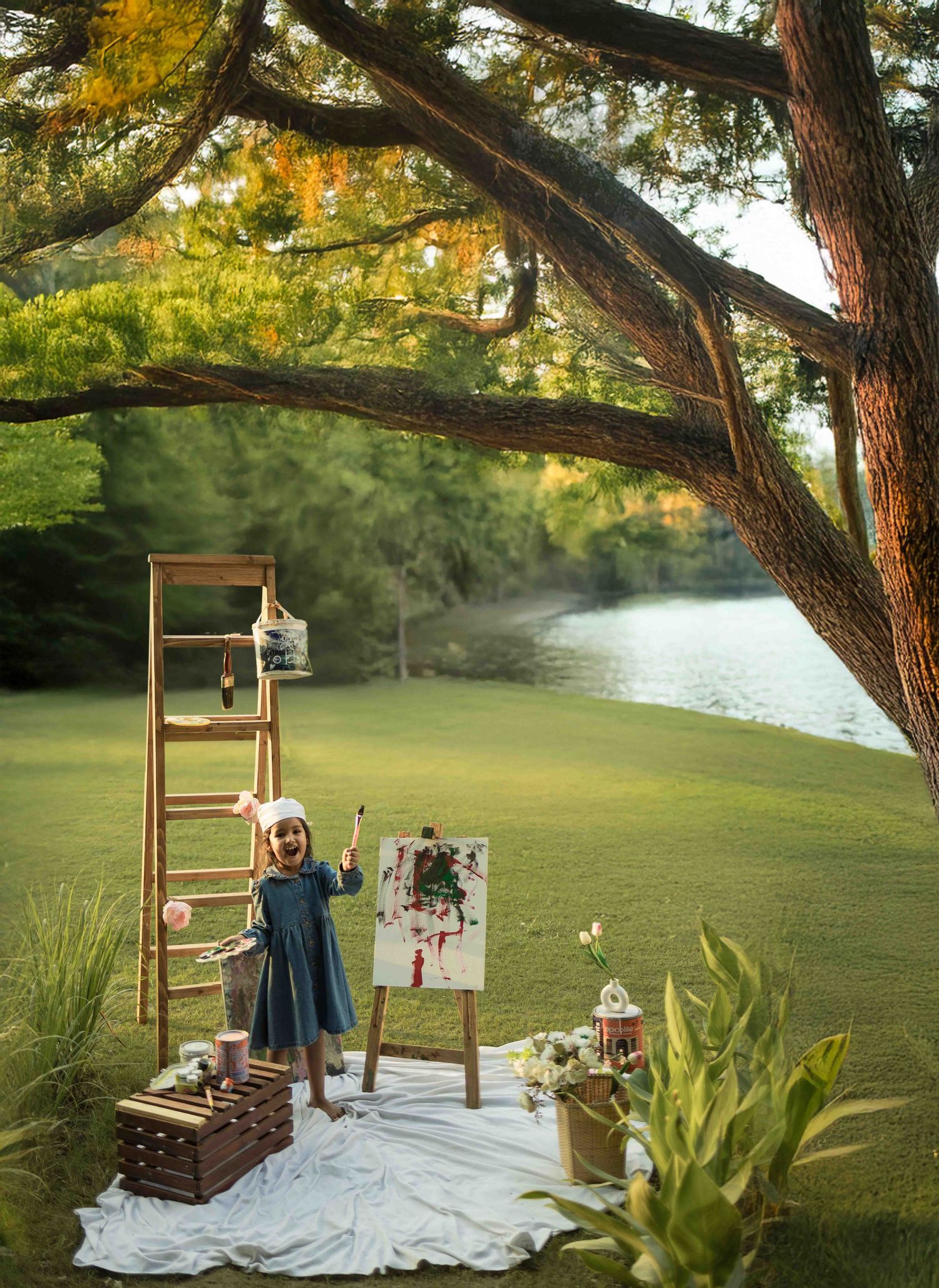 Young child in blue dress poses as an artist with easel, ladder, and paint supplies on green lawn by a lake.