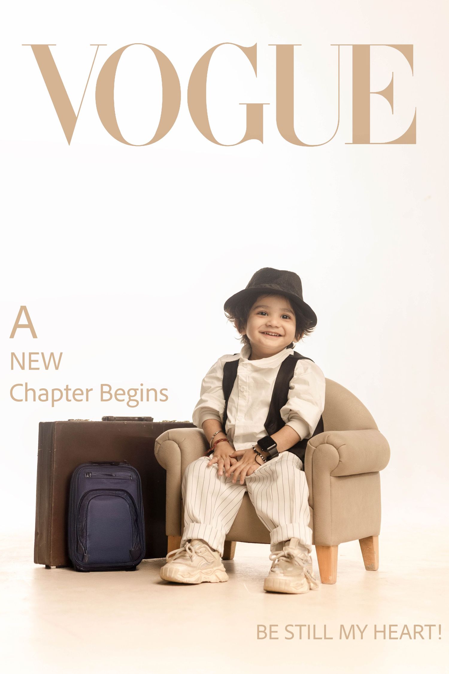 Adorable toddler in a black hat and suspenders sits in a chair with luggage on a Vogue magazine cover.
