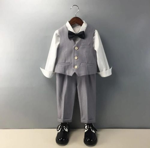 Children's grey formal vest and pants sets with white dress shirts on display.