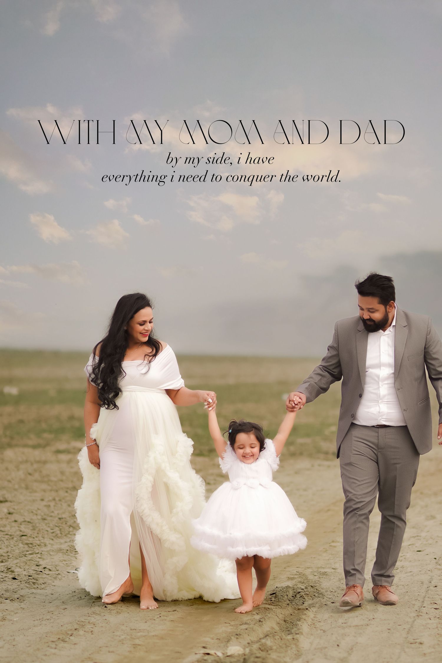 A sweet family moment captured in a sequence of photos showing parents and child walking together on a sandy beach for maternity photography