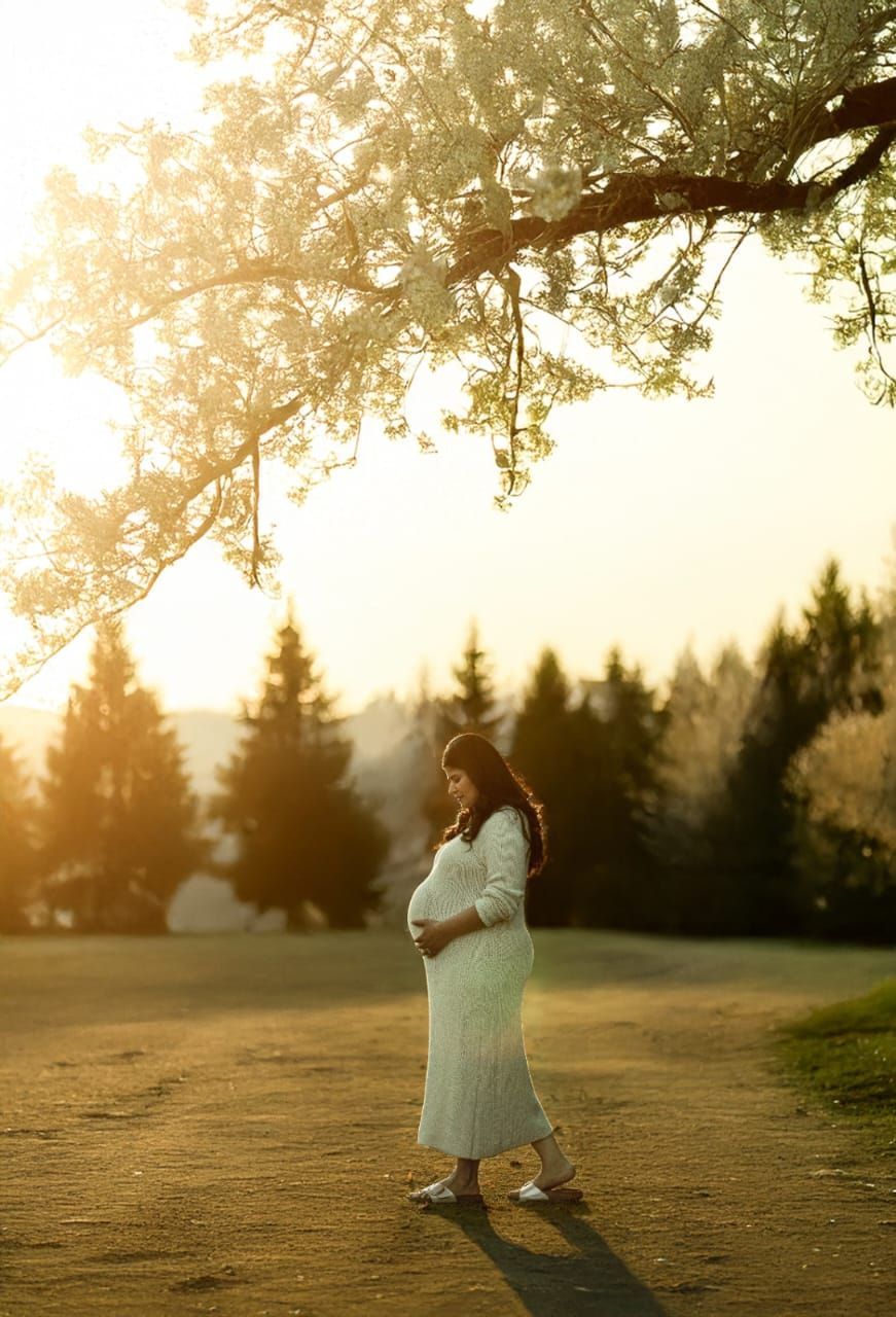 Pregnant woman in white dress standing under blooming tree at golden hour in a serene outdoor setting.