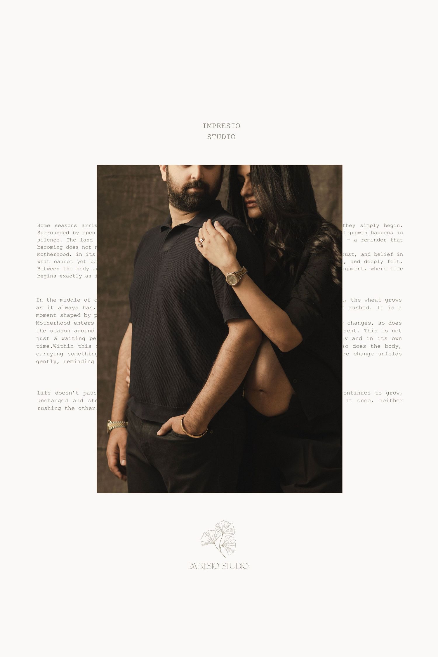 A couple in black outfits pose intimately for Impressio Studio, the woman resting her arm on the man's shoulder.